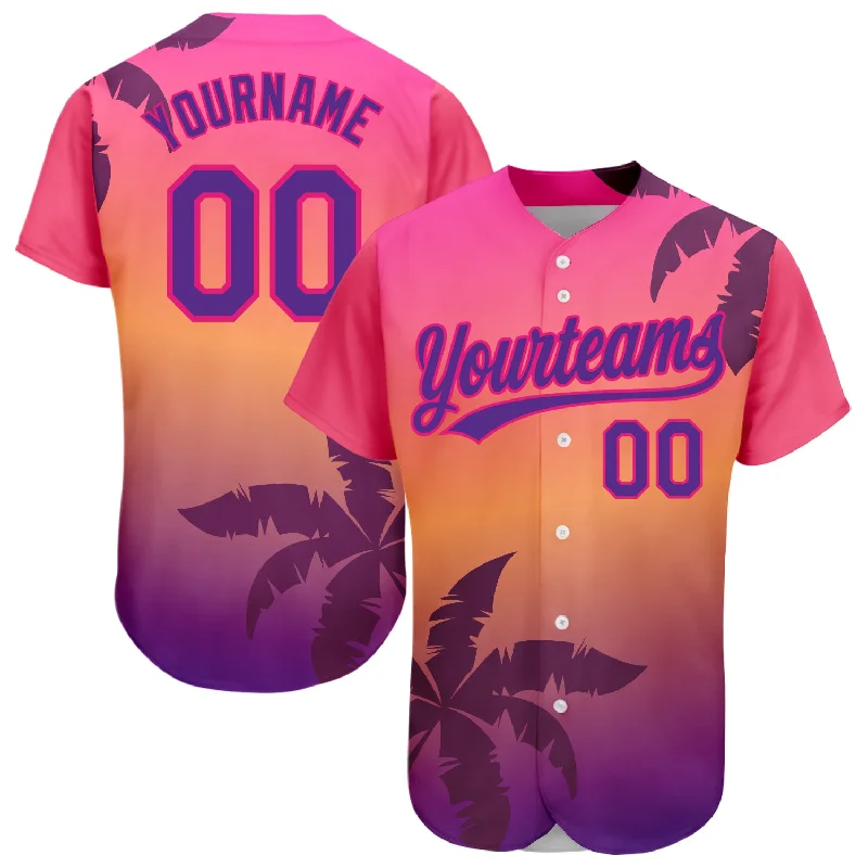 Custom Hot Pink Purple 3D Pattern Design Hawaii Palm Trees Authentic Baseball Jersey