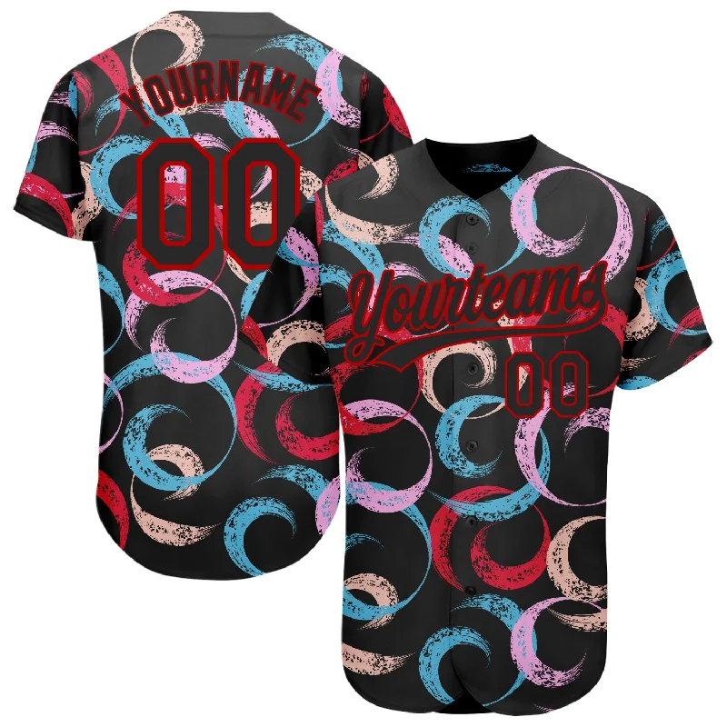 Custom Black Red 3D Pattern Design Abstract Grunge Art Authentic Baseball Jersey