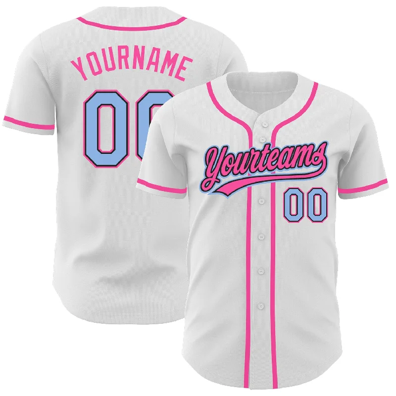 Custom White Light Blue Black-Pink Authentic Baseball Jersey