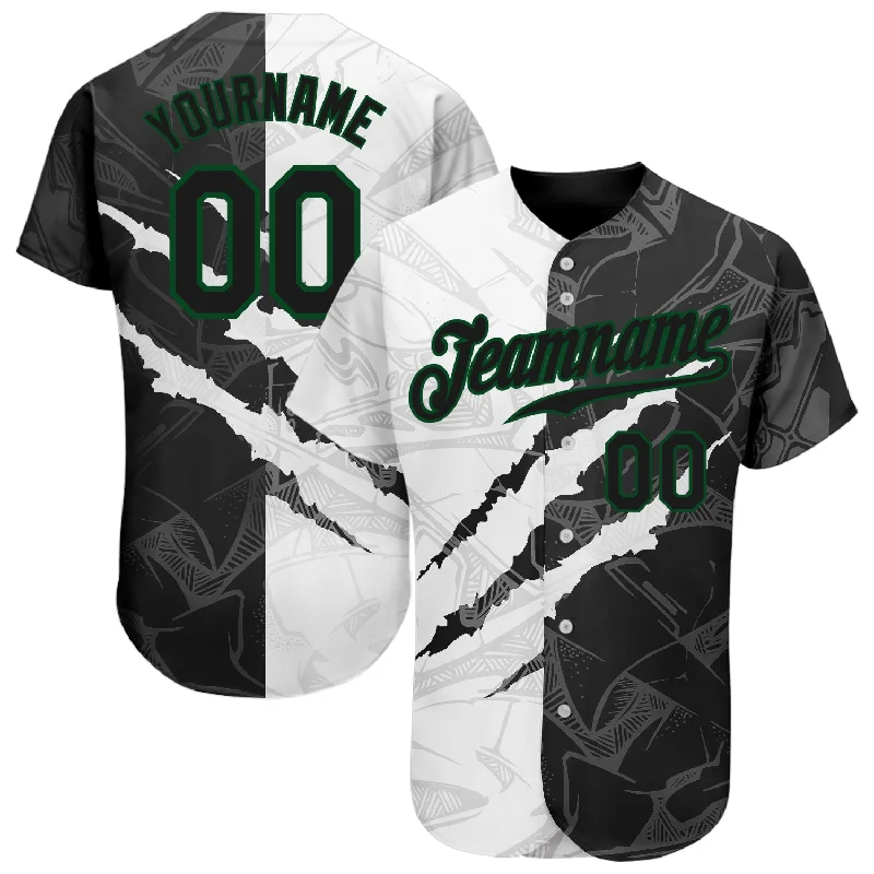 Custom Graffiti Pattern Black-Kelly Green 3D Scratch Authentic Baseball Jersey