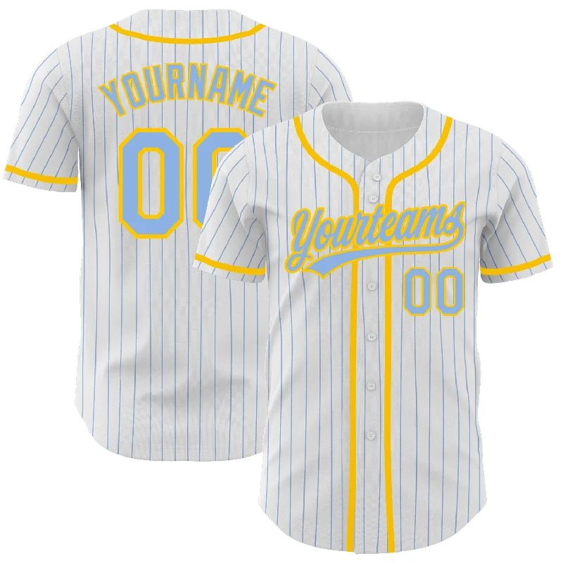 Custom White Light Blue Pinstripe Light Blue-Yellow Authentic Baseball Jersey