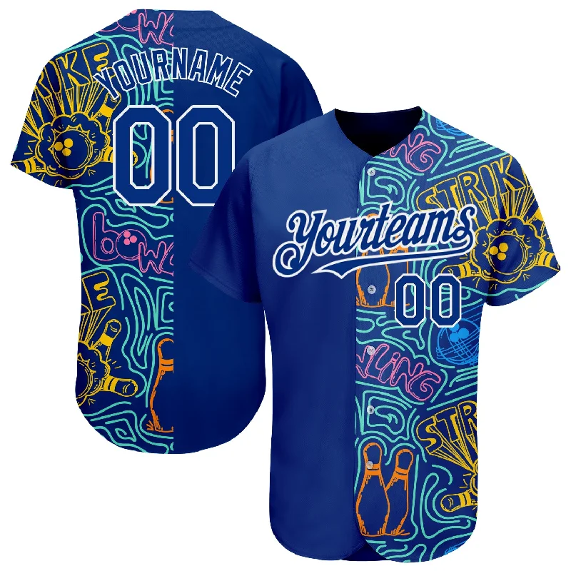 Custom Royal White 3D Pattern Design Bowling Authentic Baseball Jersey