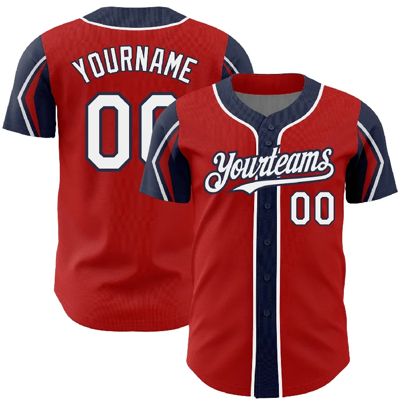 Custom Red White-Navy 3 Colors Arm Shapes Authentic Baseball Jersey