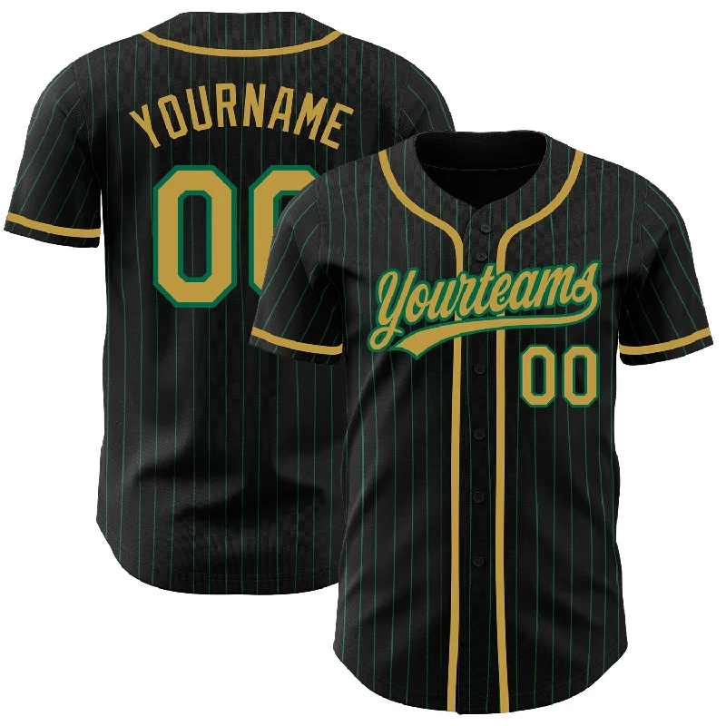 Custom Black Kelly Green Pinstripe Old Gold Authentic Baseball Jersey