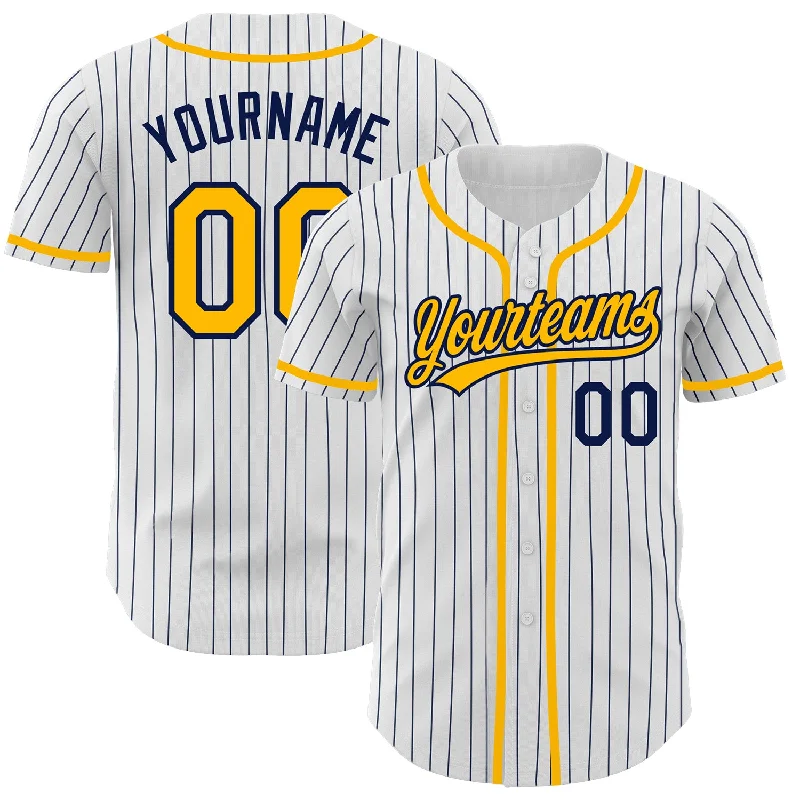 Custom White Navy Pinstripe Gold Authentic Baseball Jersey