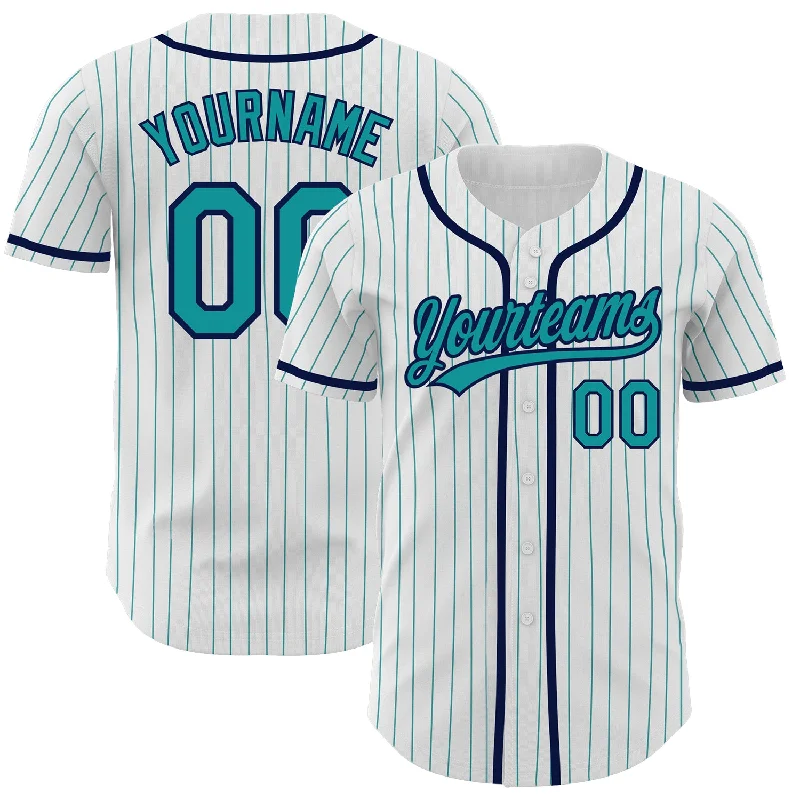 Custom White Teal Pinstripe Teal-Navy Authentic Baseball Jersey