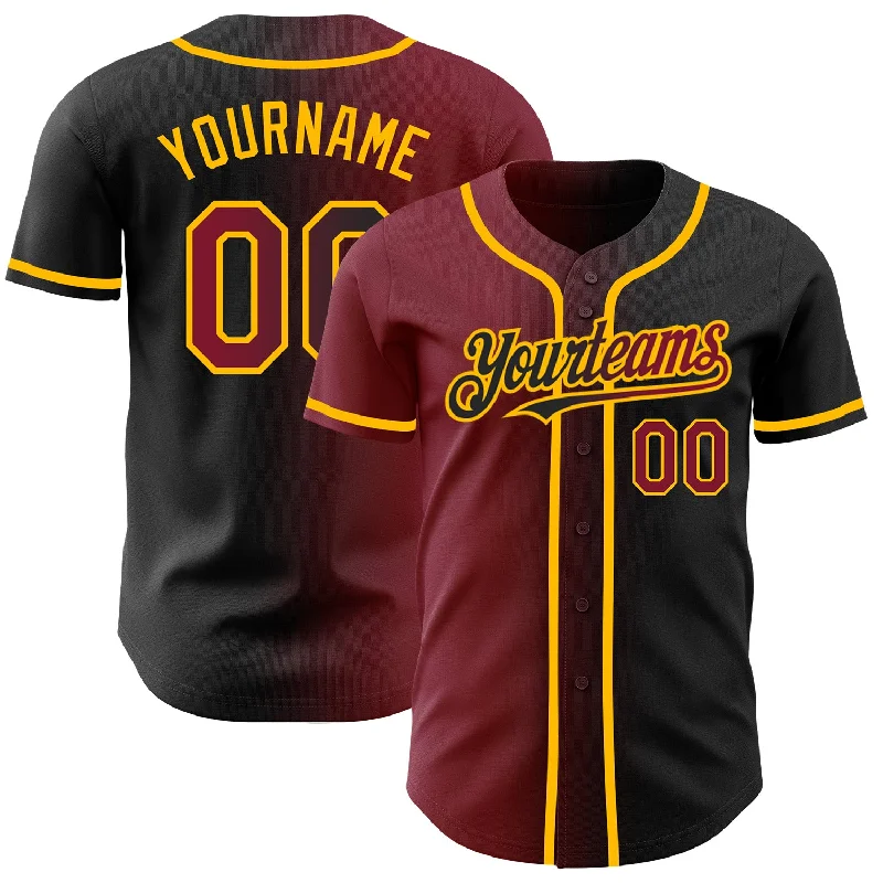 Custom Black Crimson-Gold Authentic Gradient Fashion Baseball Jersey