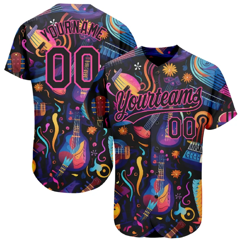 Custom Black Pink 3D Pattern Design Music Festival Musical Instruments Authentic Baseball Jersey