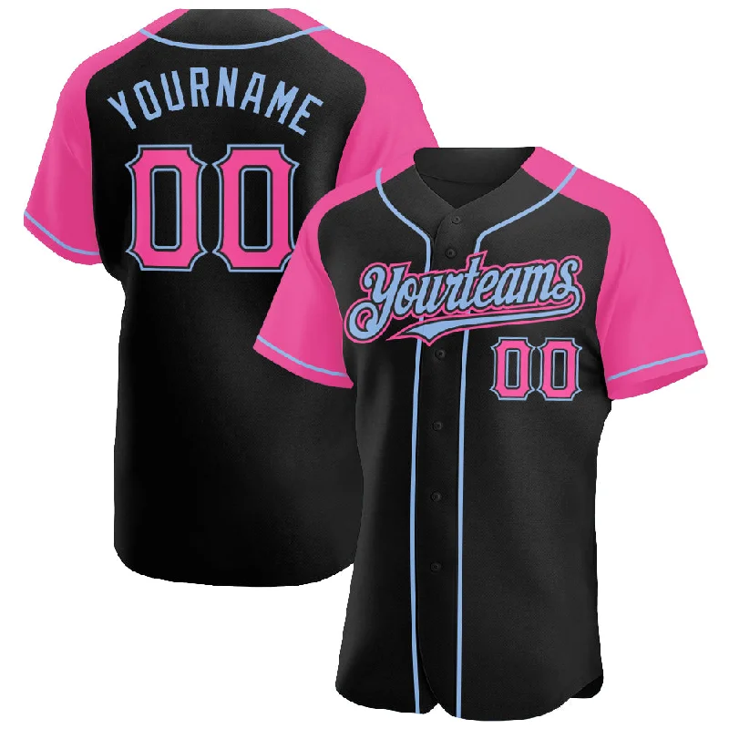 Custom Black Pink-Light Blue Authentic Raglan Sleeves Baseball Jersey