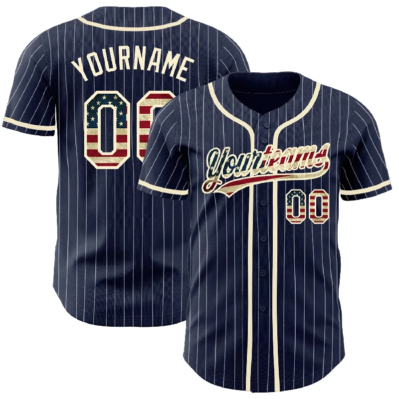 Custom Navy White Pinstripe Vintage USA Flag-Cream Authentic Baseball Jersey