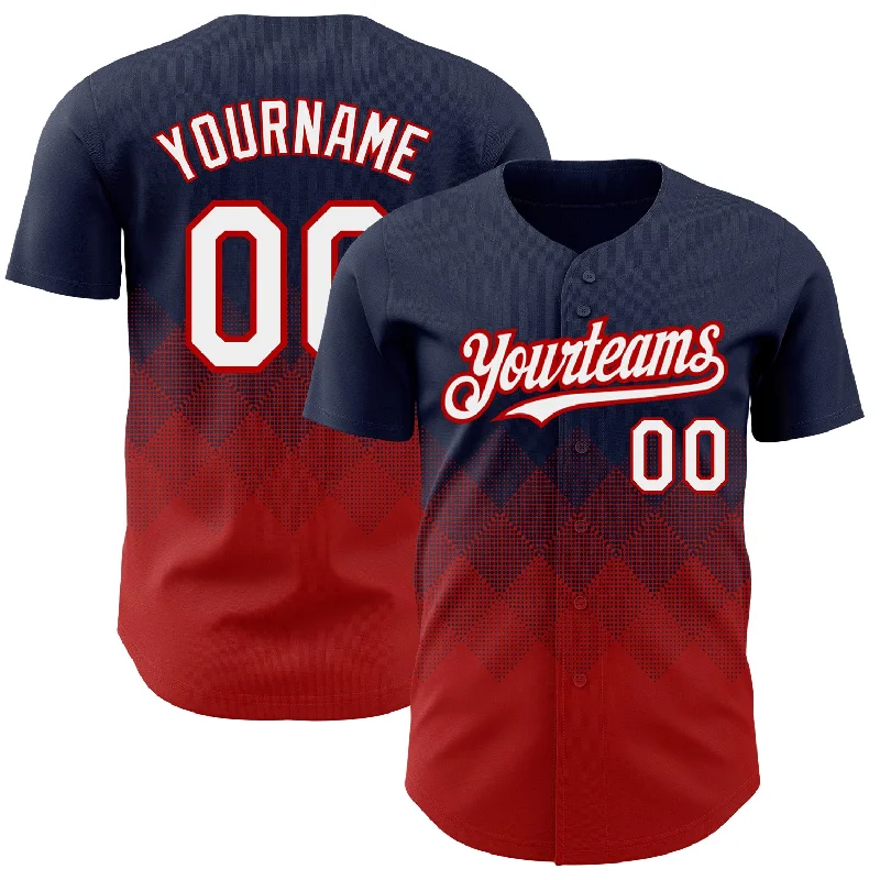 Custom Navy White-Red 3D Pattern Design Gradient Square Shapes Authentic Baseball Jersey