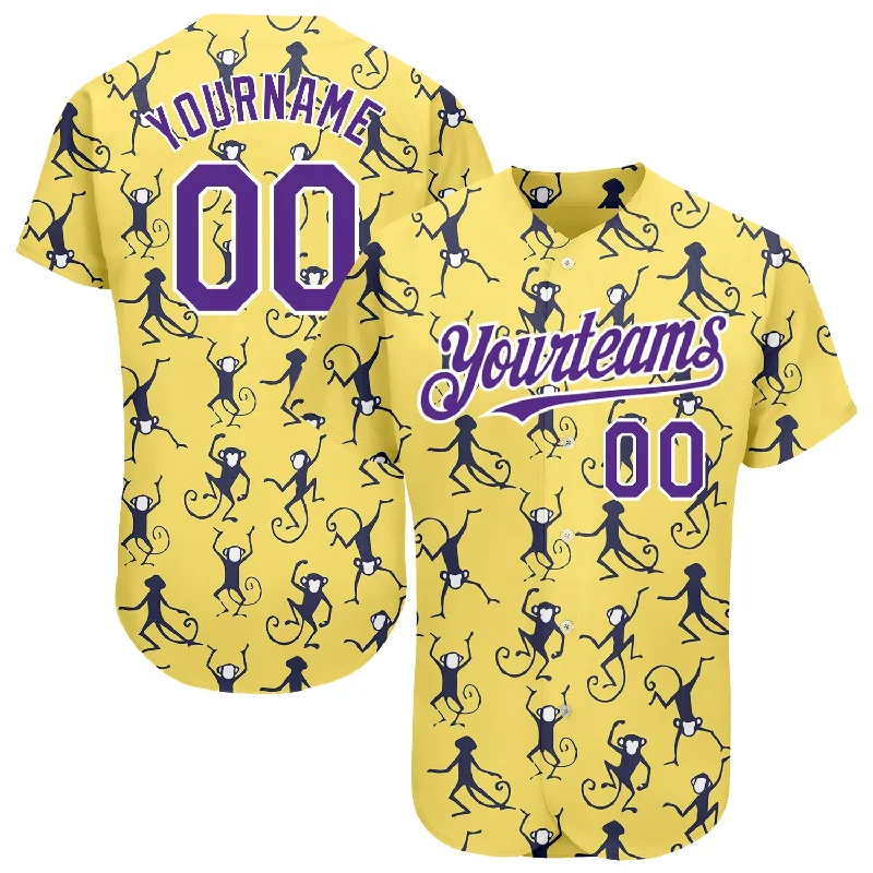 Custom Yellow Purple-White 3D Pattern Design Monkey Authentic Baseball Jersey