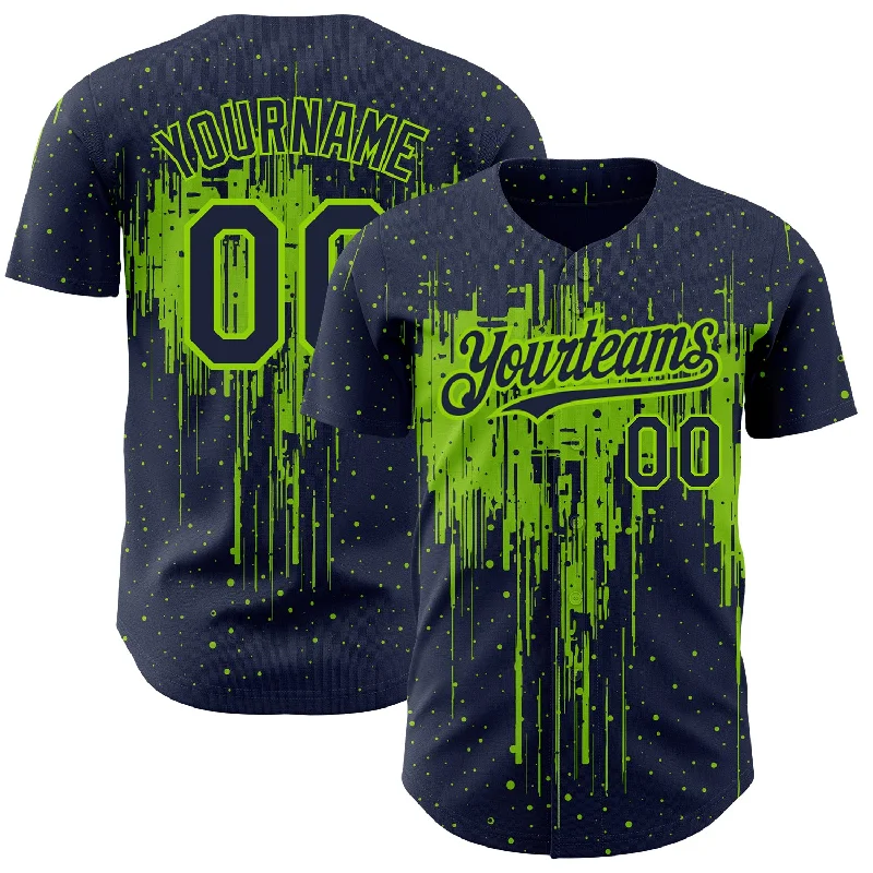 Custom Navy Neon Green 3D Pattern Design Dripping Splatter Art Authentic Baseball Jersey