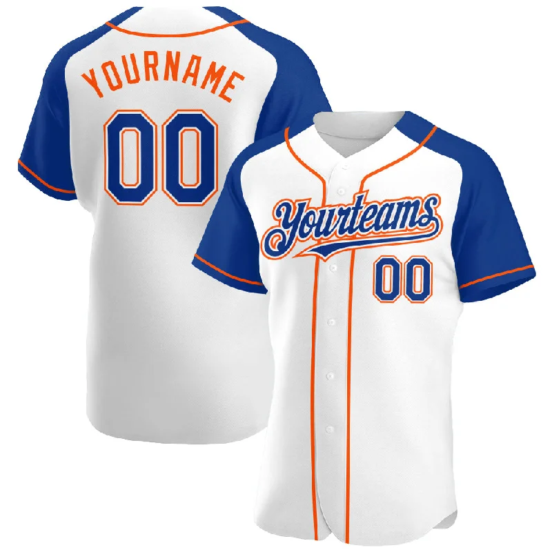 Custom White Royal-Orange Authentic Raglan Sleeves Baseball Jersey