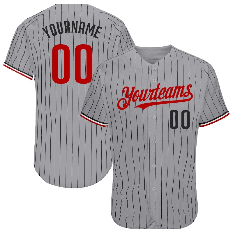 Custom Gray Black Pinstripe Red-White Authentic Baseball Jersey