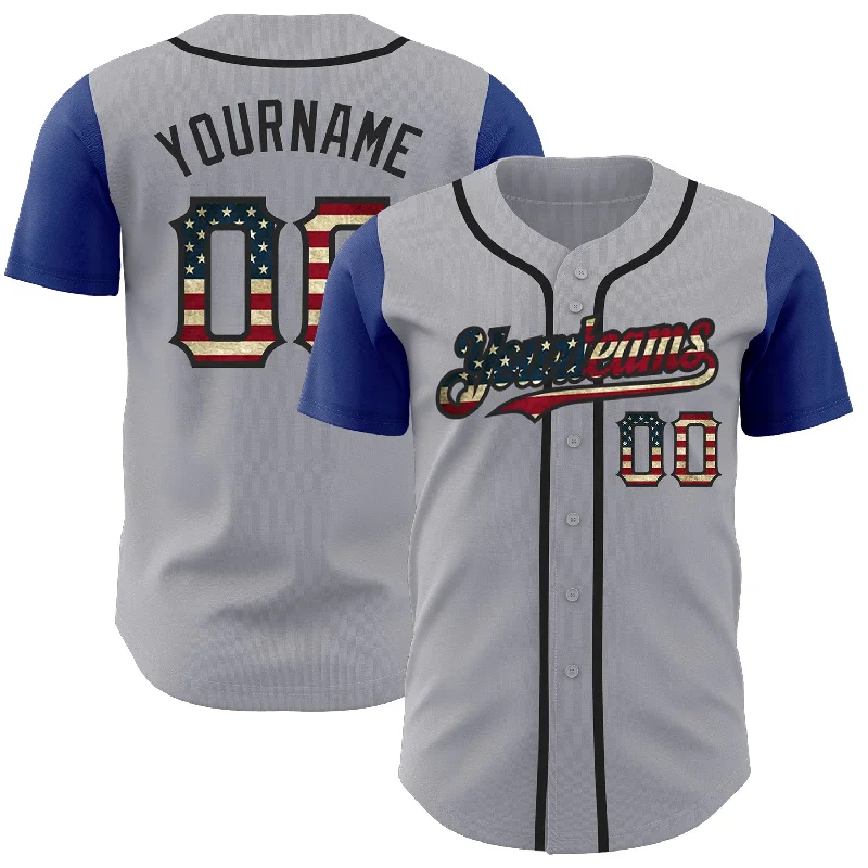 Custom Gray Vintage USA Flag Royal-Black Authentic Two Tone Baseball Jersey