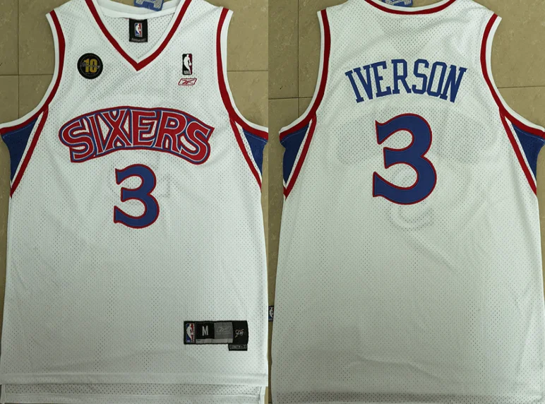 76ers 3 Allen Iverson White 10th Anniversary Reebok Basketball Jersey