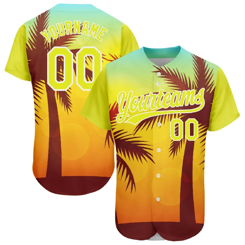 Custom Gold Neon Yellow-White 3D Pattern Design Hawaii Palm Trees Authentic Baseball Jersey