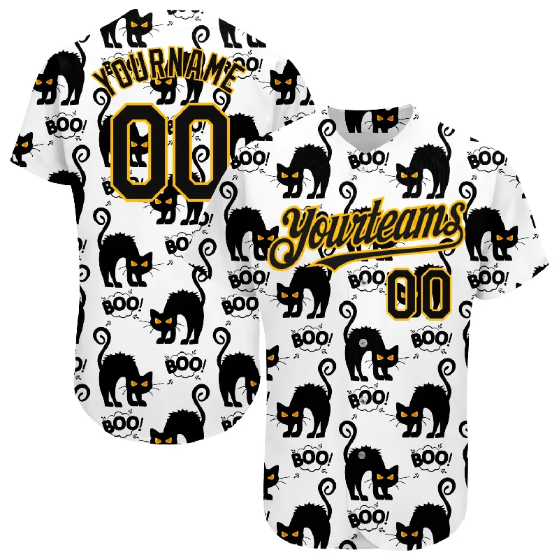 Custom White Black-Yellow 3D Pattern Design Cat Authentic Baseball Jersey