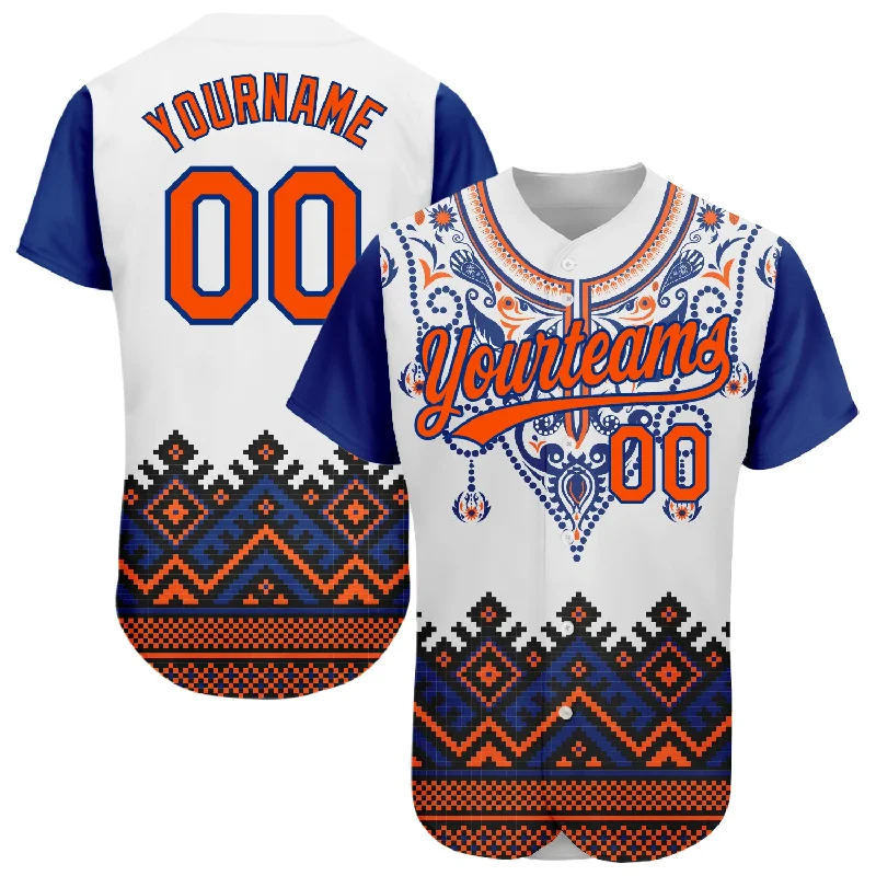 Custom White Orange-Royal 3D Pattern Design Traditional African Ethnic Style Authentic Baseball Jersey