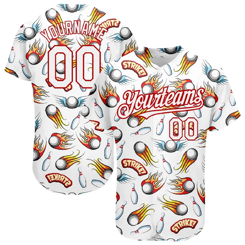 Custom White Red 3D Pattern Design Firely Bowling Authentic Baseball Jersey