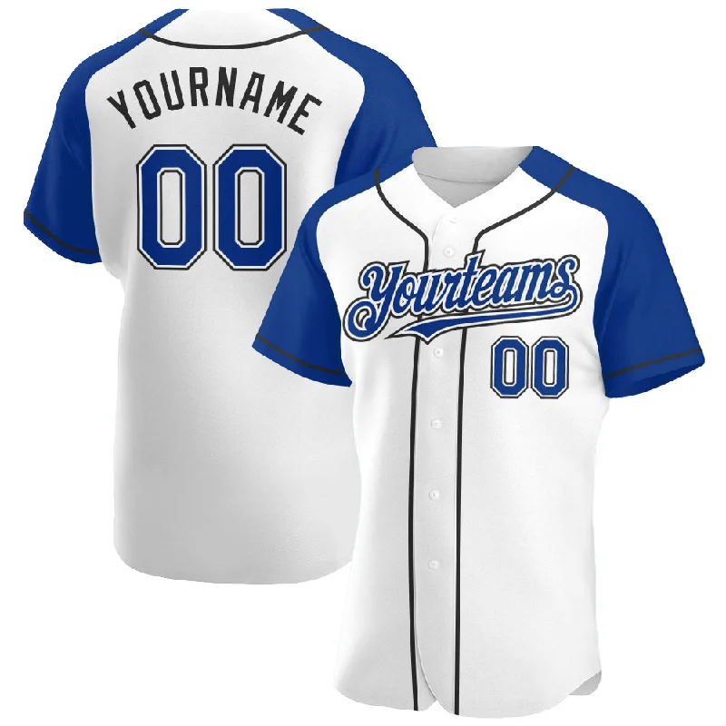 Custom White Royal-Black Authentic Raglan Sleeves Baseball Jersey