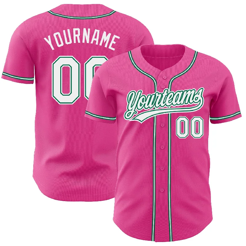 Custom Pink White-Kelly Green Authentic Baseball Jersey